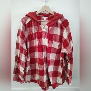 Time and Tru Women's Hooded Flannel Winter White/Red Rover Size XXXL. NWT